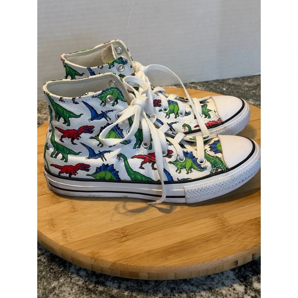 Converse Chuck Taylor All Star High Top Pixel Dinosaur Print Kids Sneakers White